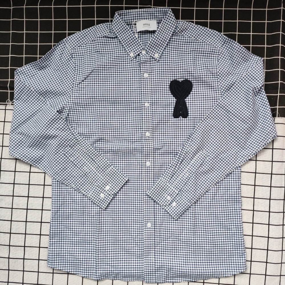 Ami Men's Blue Gingham Button-Down Shirt with Black Heart Motif